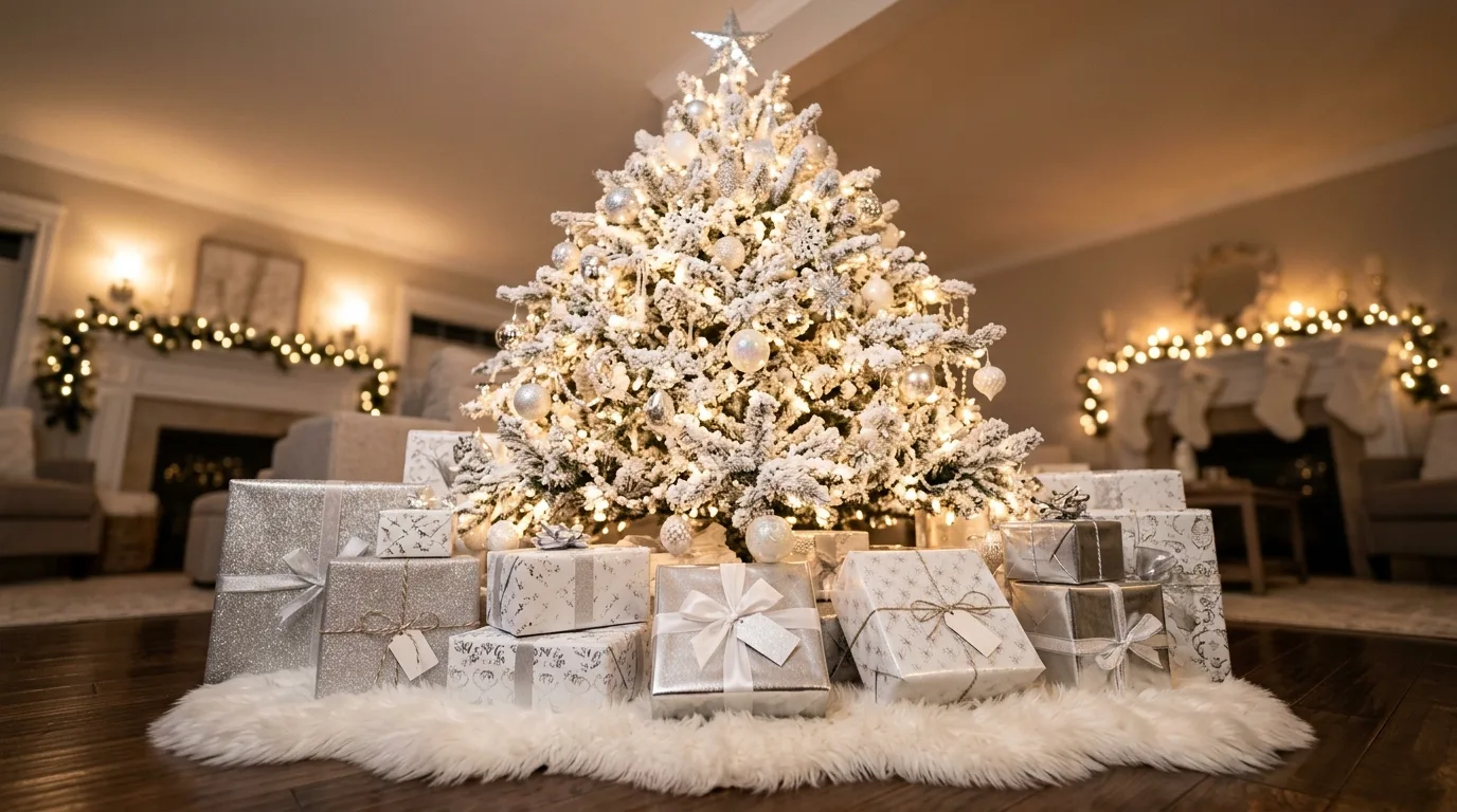 White Christmas tree surrounded by wrapped gifts and soft lights.